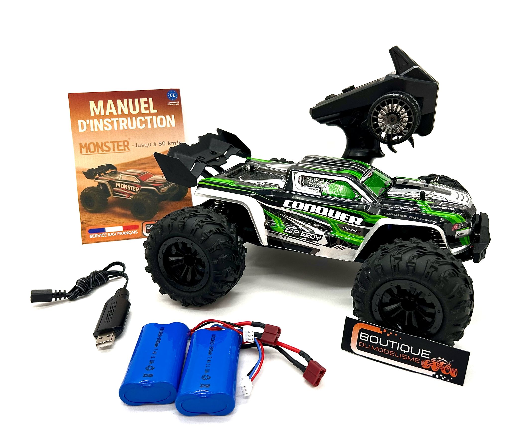 Contenu de la boîte Monster : voiture, télécommande, batterie et manuel.