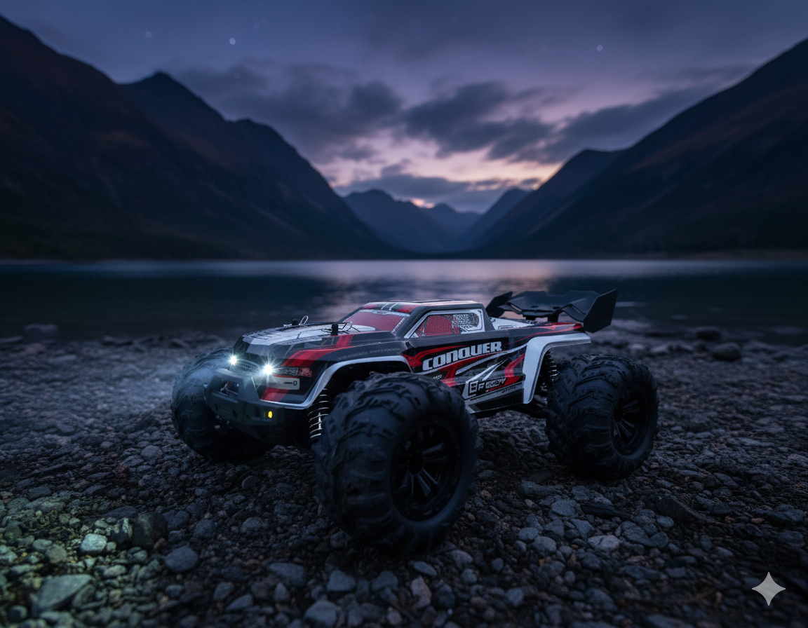 Voiture télécommandée Monster rouge 50 km/h vue de face.