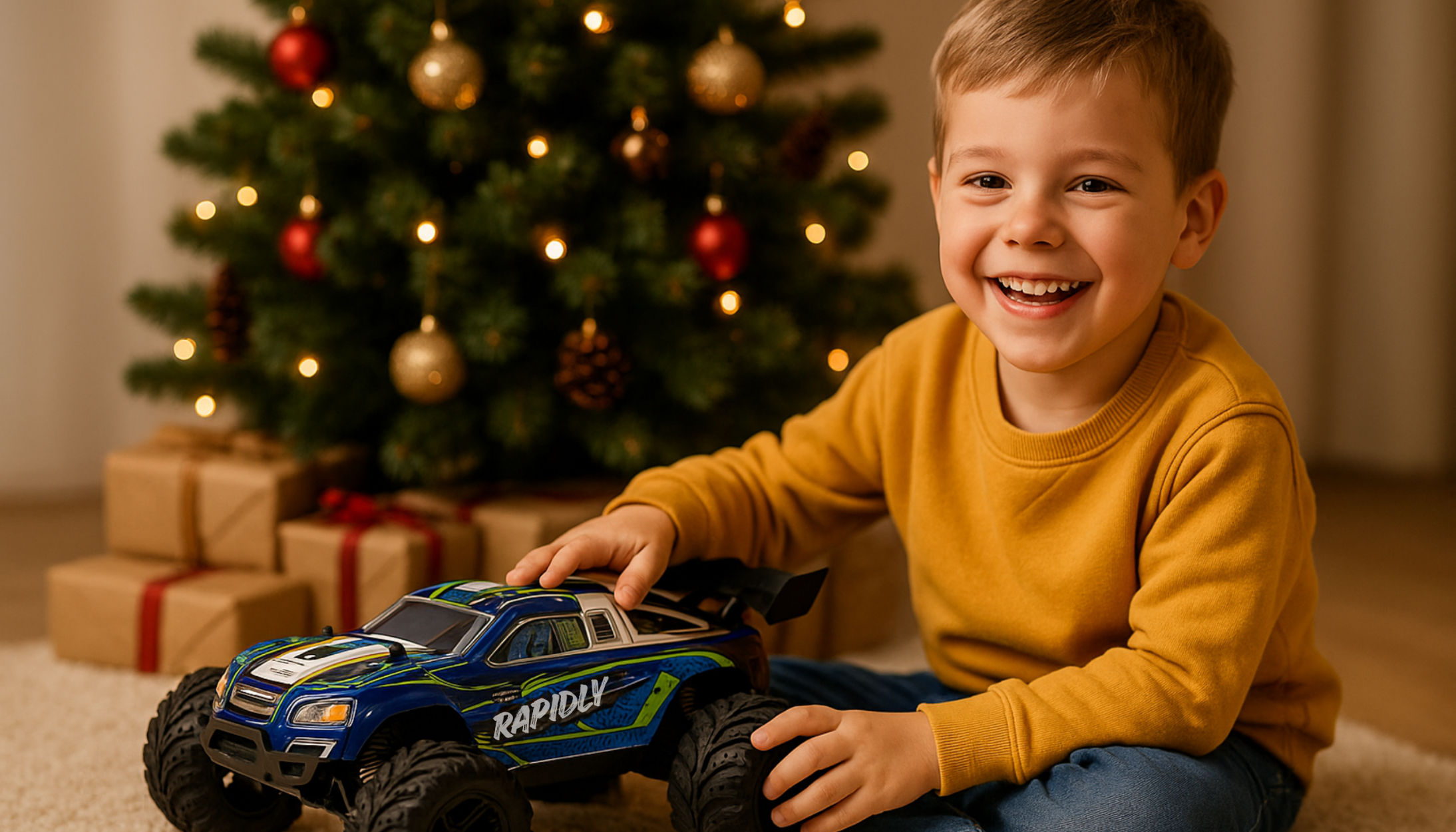 Enfant heureux jouant avec une voiture télécommandée devant le sapin