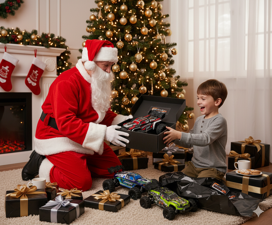 Enfant heureux jouant avec une voiture télécommandée devant le sapin de Noël