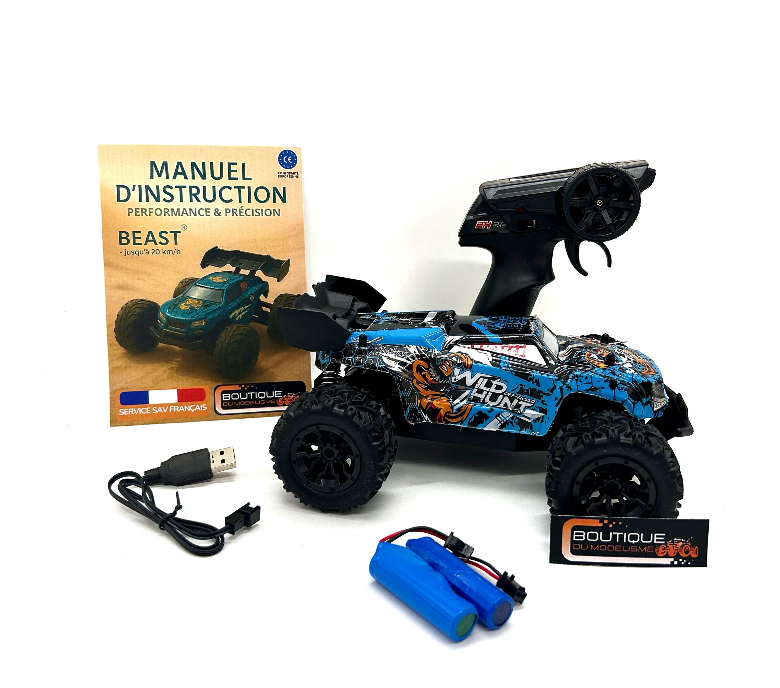 Contenu de la boîte Beast : voiture, télécommande, batterie et accessoires.
