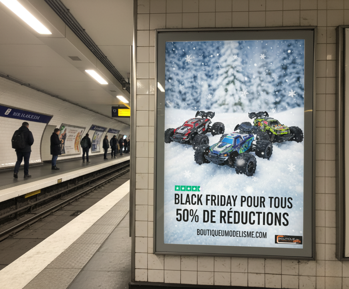 Affiche de promotion de Noël Boutique du Modélisme dans le métro parisien.