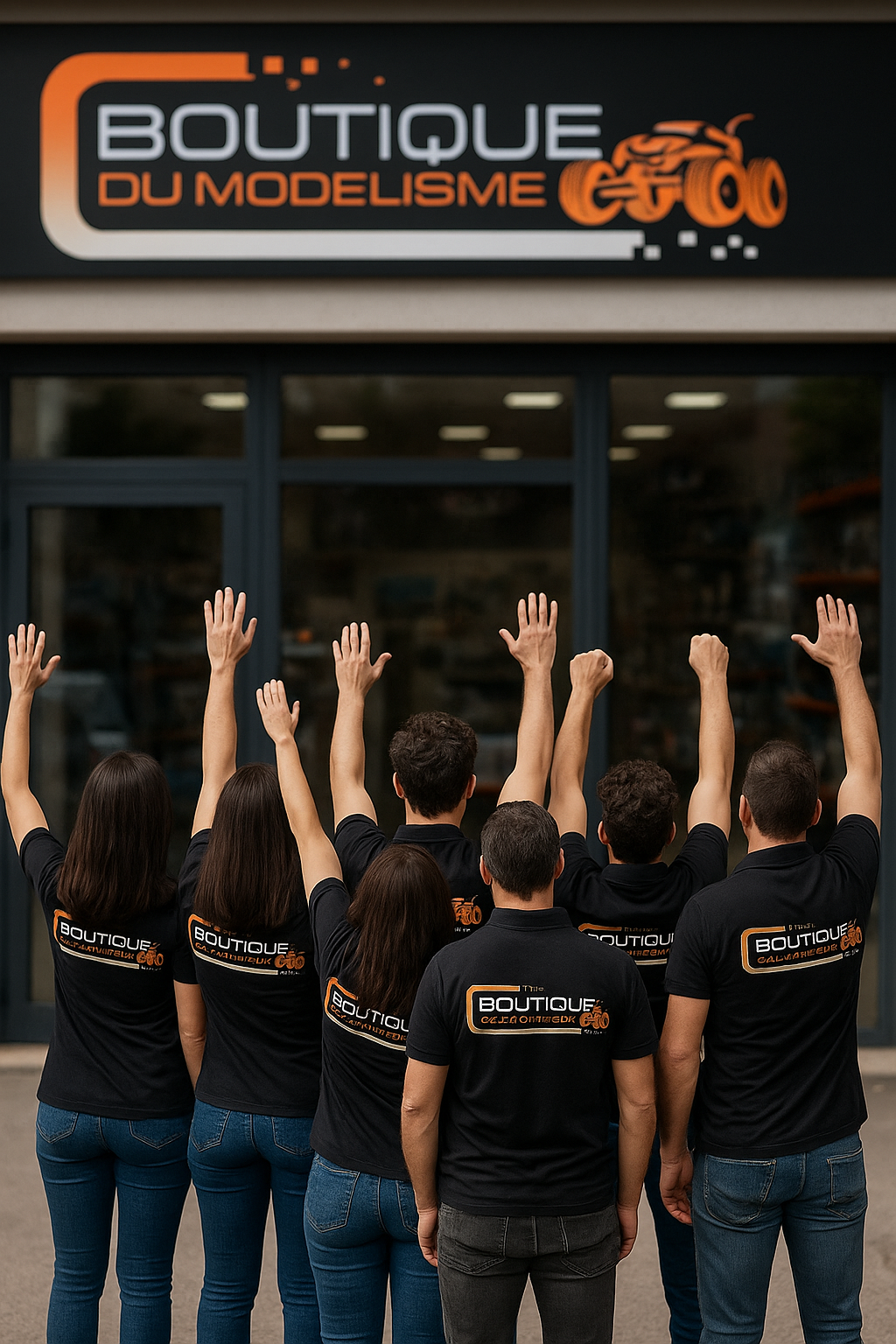 L'équipe de la Boutique du Modélisme lève les mains devant le magasin.